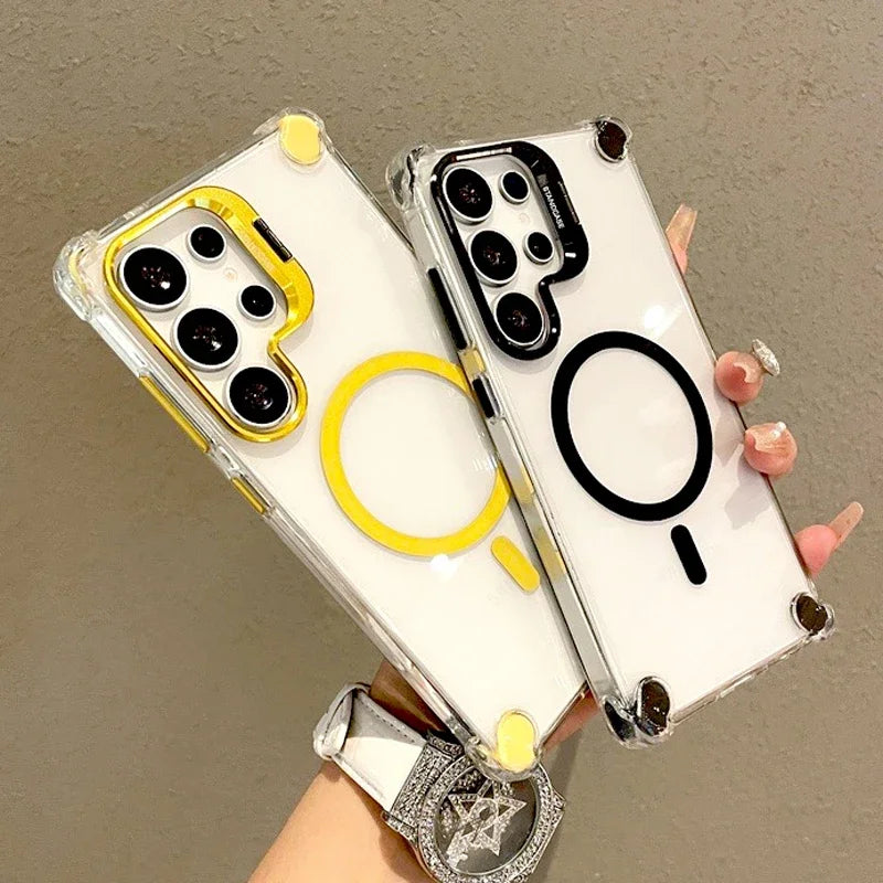 Luxury Transparent Case For Samsung Galaxy S25 S24 S23 S22 Ultra Plus A17 A56 A36 A16 A26 FE For Magsafe Magnetic Stand Cover
