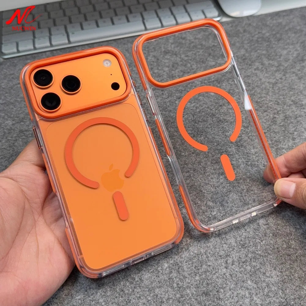 High Clear Transparent For Magsafe Case for iPhone 17 13 12 Pro Max Air 14 15 16 Plus Anti-knock Metal Button Magnetic Cover
