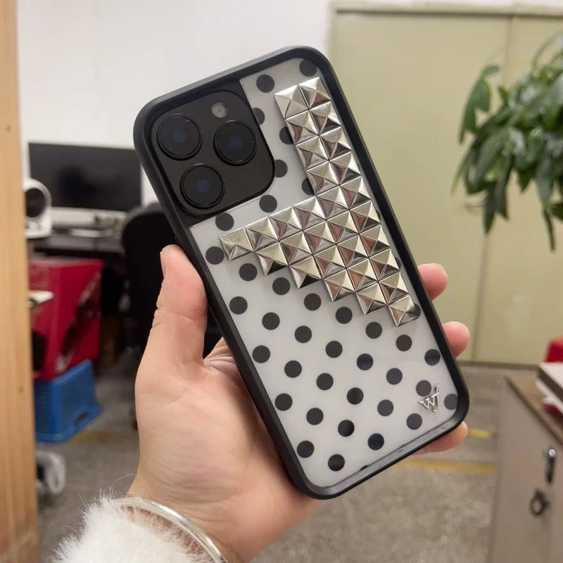 Wildflower 3D silver solid rivet Black white brown yellow Polka Dots Phone case For iPhone 13 12 14 15 16 17 Pro Max Plus Cover﻿