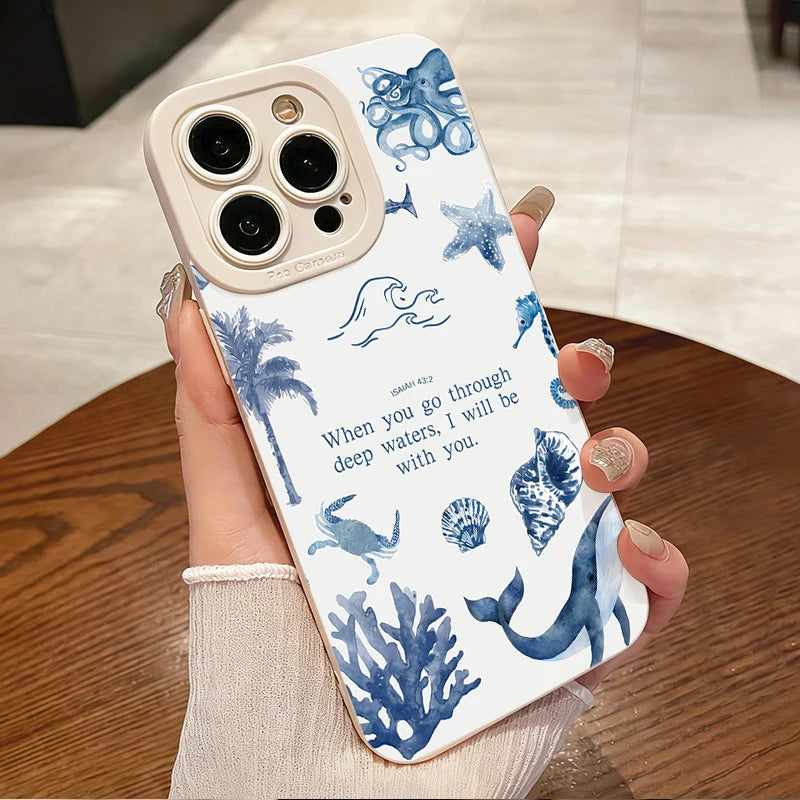 For iPhone 17 16 15 14 13 12 11 Pro Max XS XR 8 7 Plus 16e 17e Air Sea Turtles Sharks Whales Ocean Life Design Phone Case Cover