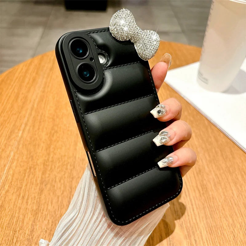Soft Down Jacket Puffer Phone Case for iPhone X XS SE 7 8 16 15 14 13 12 11 Pro Max XR Plus Luxury Diamond Kitty Bowknot Cover
