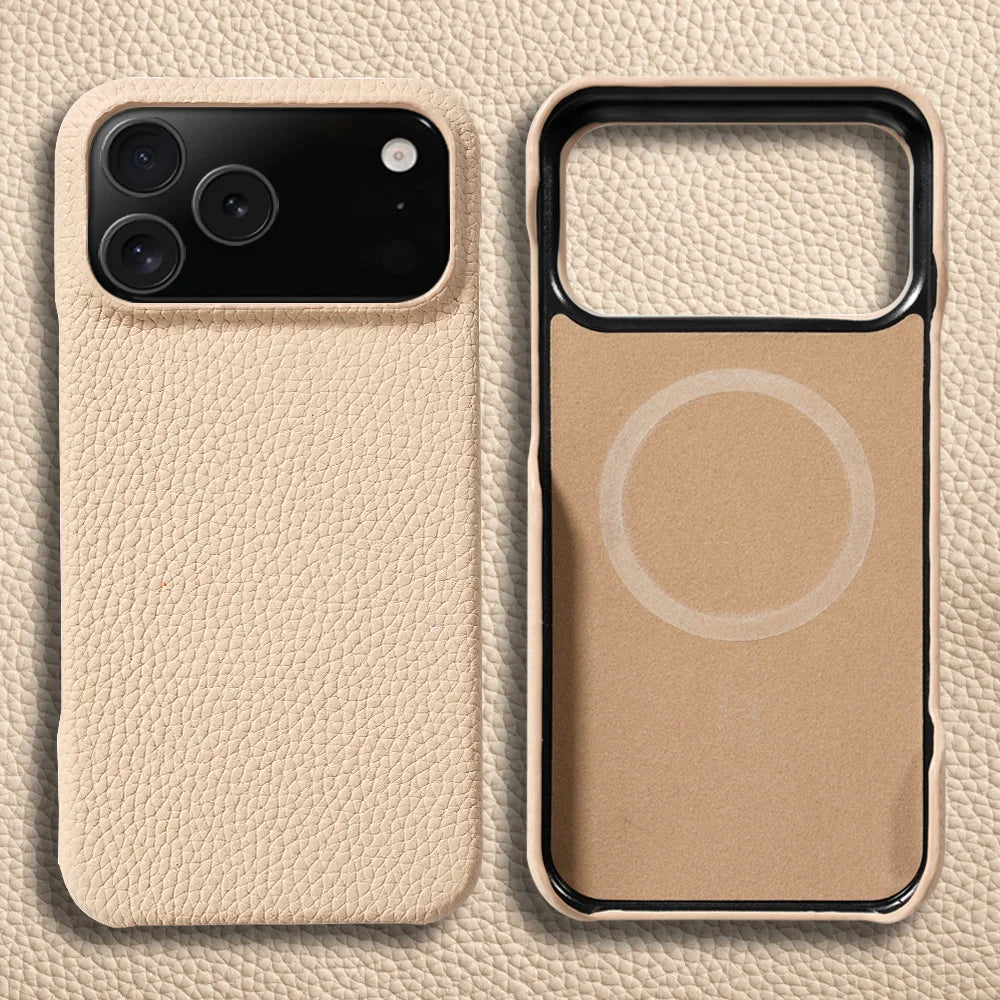 for Magsafe Case for iPhone 17 15 16 Pro Max 17 Air Luxury Lychee Natural Cowhide Leather Magnetic Protector Phone Back Cover