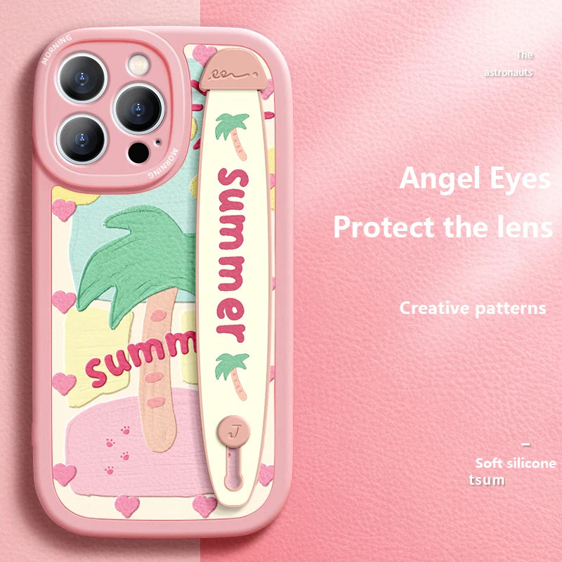 Deluxe Wrist Band Bracket Case Applicable Iphone 1514 13 12 11 ProMax X XR Xs Silicone Cell Phone Protective Cover Coconut Trees