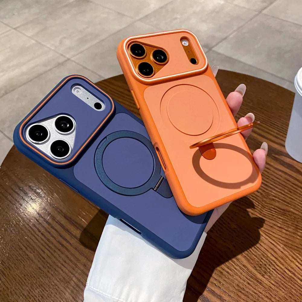 Luxury For Magsafe Magnetic Fold Metal Bracket Phone Case For iPhone 17 Air 16 15 14 Plus 13 12 Pro Max Matte Shockproof Cover