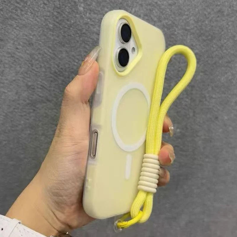 for Magsafe Candy Contrast Lanyard Magneti Case for iPhone 17 16 15 Pro Max 14 Plus 11 12 13 17 Air Hand Wrist Strap Matte Cover
