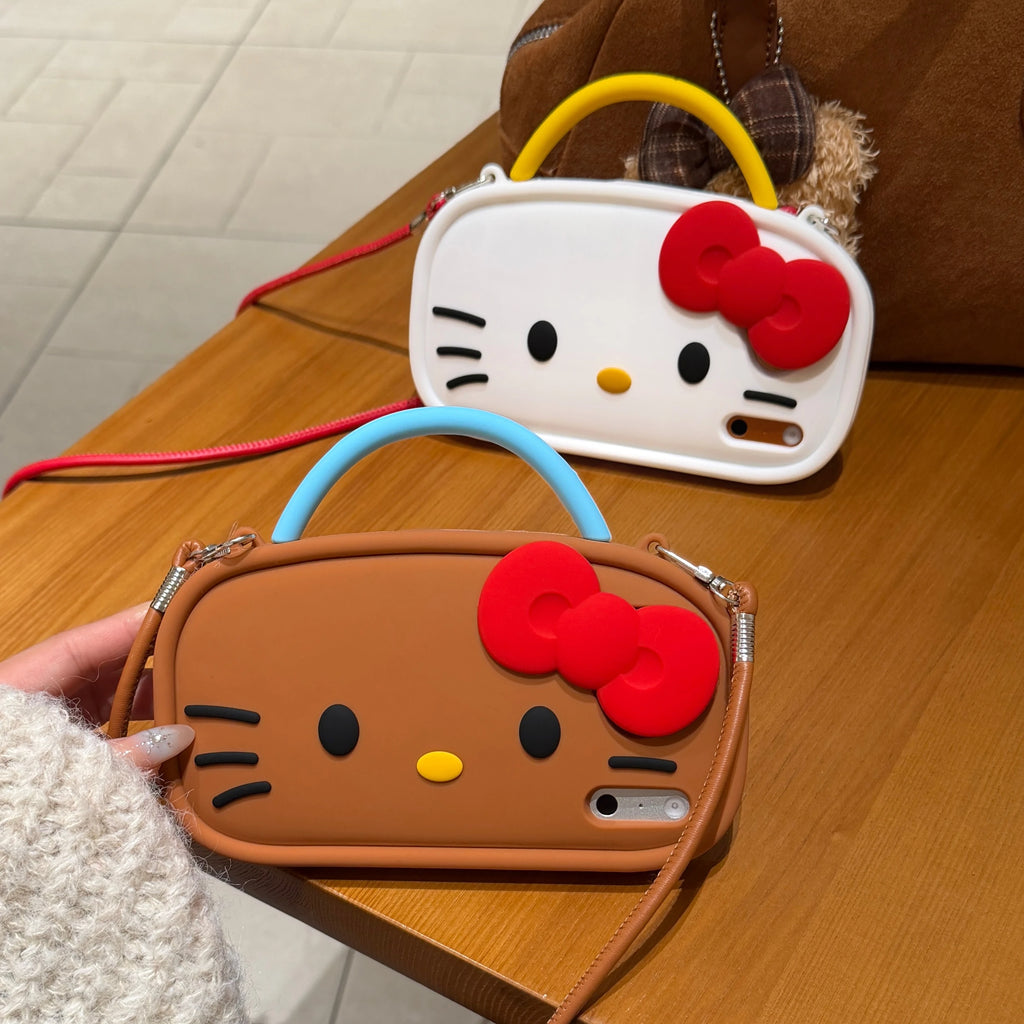 Cute Bowknot Hello Kitty Handheld Phone Case For iPhone 17 16 15 14 13 12 Pro Max Plus Cartoon iPhone 17 Pro Case with Lanyard