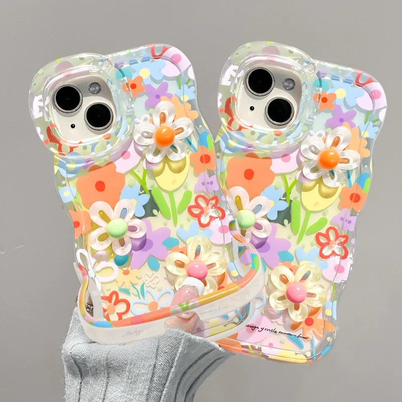 Bracket Phone Holder Case For iPhone 17 16 15 14 13 12 11 Pro Max Plus Cartoon 3D Colorful Flower Holder Stand Shockproof Cover