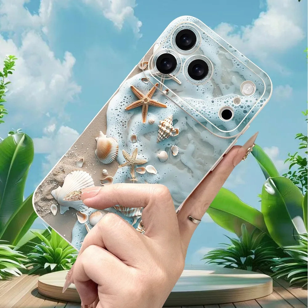 Summer Beach Shell Starfish Design Shockproof Soft Phone Case For iPhone 17 16 13 11 12 14 15 Pro Max XS XR X 16E 17 Air Cover