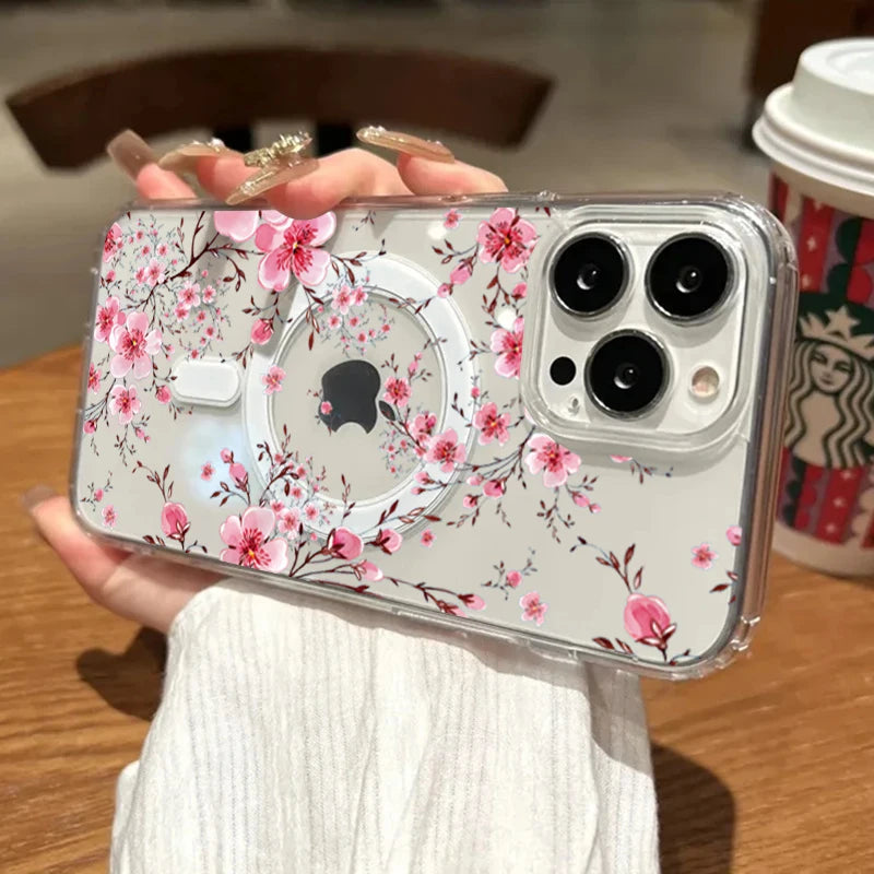 Flower Peach Blossom Phone Case For iPhone 15 14 17 13 12 11 16 Pro Max For Magsafe Shockproof Transparent Silicone Soft Funda