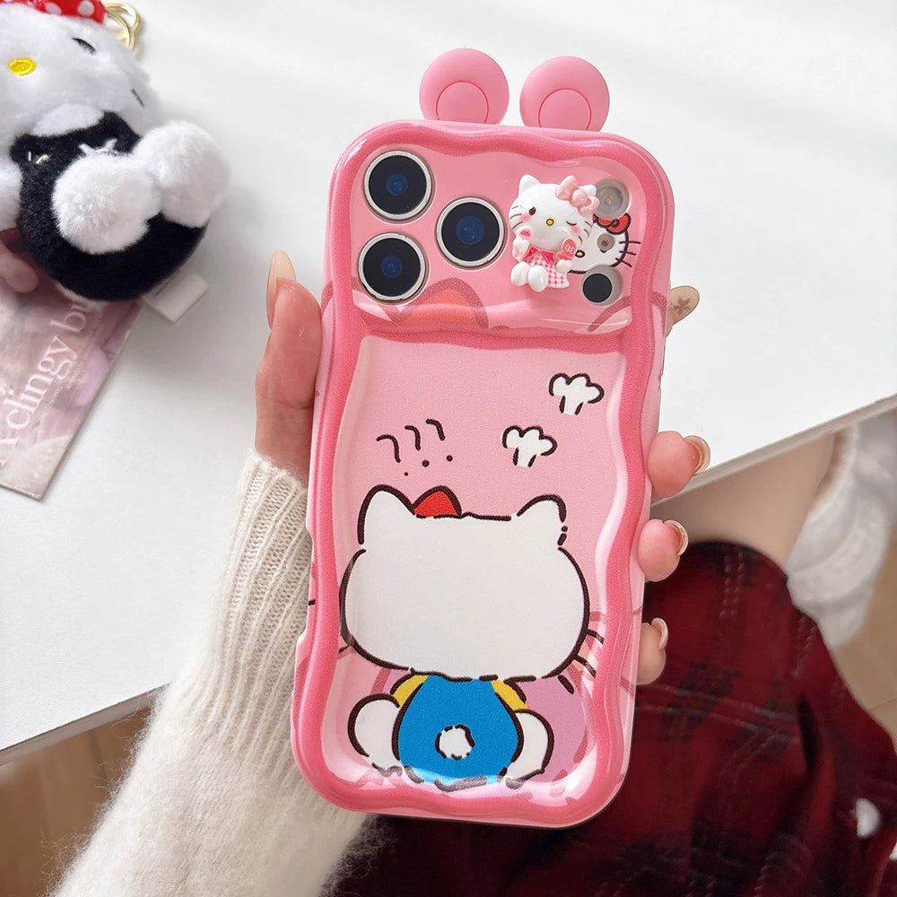 For iPhone 17 16Pro Max 16E 14 Plus 15 Pro 13 Mini 12 11 SE XR 7 8 Cute 3D Ear Toy Kitty Friend Cartoon Soft Wave Phone Case