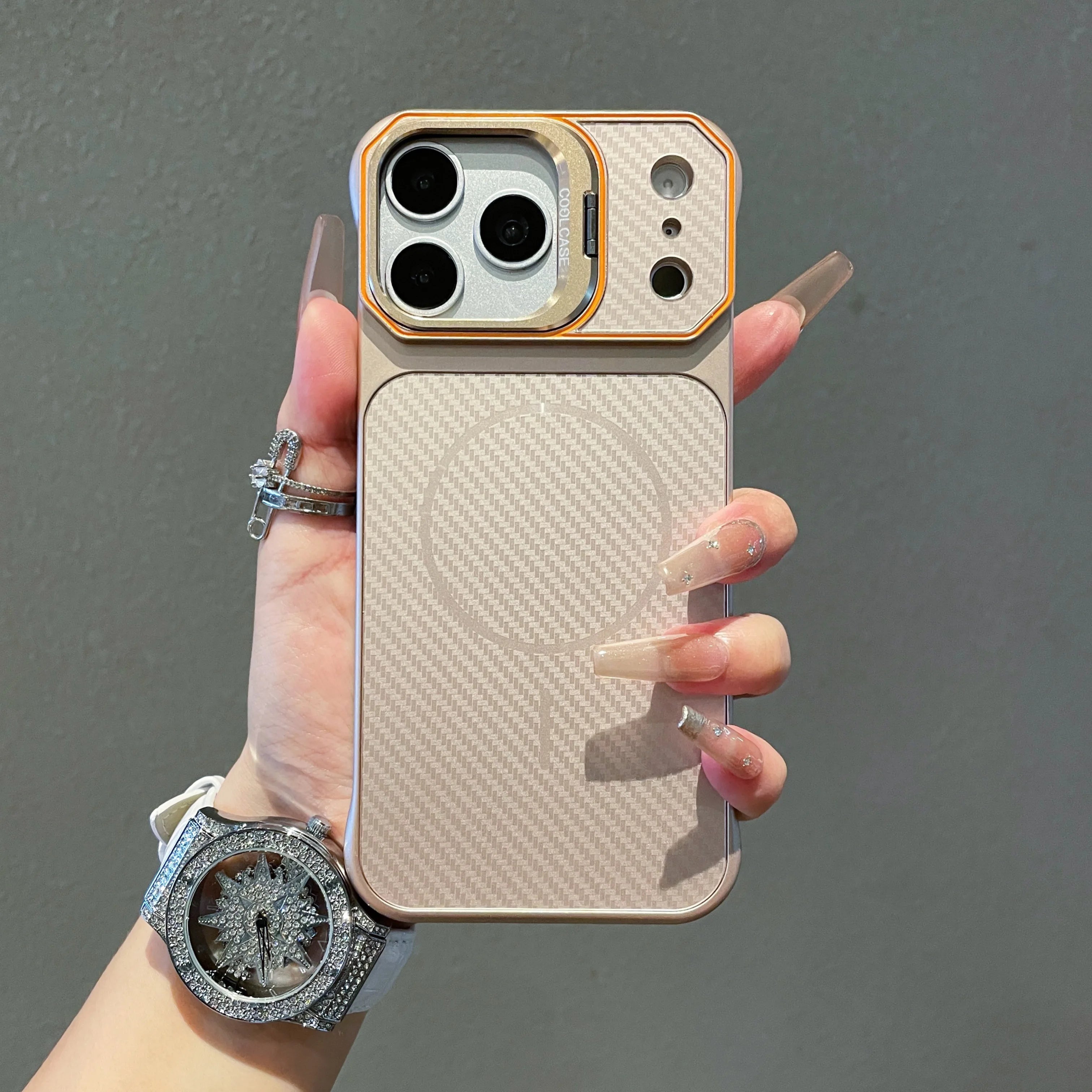 No Borders Lens Holder Phone Case For Magsafe For iPhone 13 14 15 16 17 Pro Max Carbon Fiber Texture PC Magnetic Phone Cover