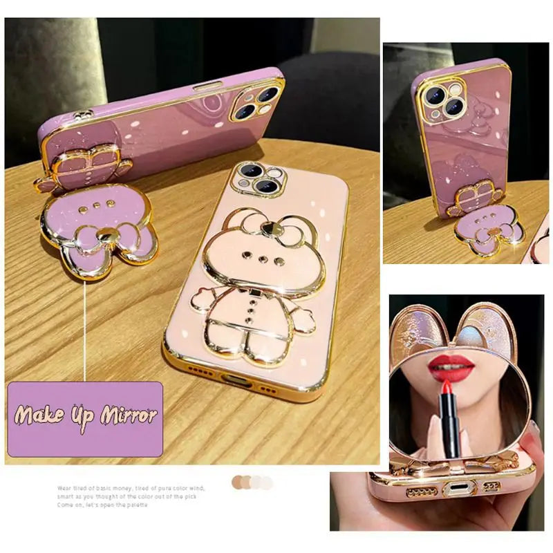 Diamond Strap Mirror Rabbit Phone Holder On Case For iPhone 15 14 13 12 11 Xs Pro Max Mini X XR Apple 6 6s 7 8 Plus Stand Cover