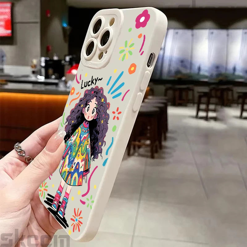 Cute Cartoon Little Girl Printed Silicone Phone Case For iPhone 16 Pro Max 15 14 13 12 11 7 8 Plus XR X XS 16E Soft Cover