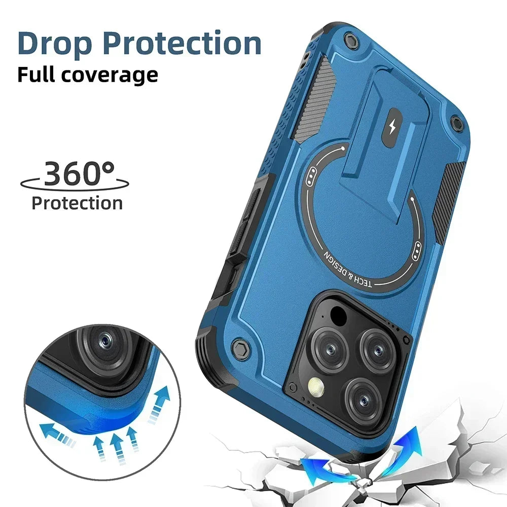For Magsafe Case for IPhone 17 16 14 13 11 12 15 Pro Max Plus Magnetic Wireless Charging Wrist Strap Stand Hard Anti-fall Cover