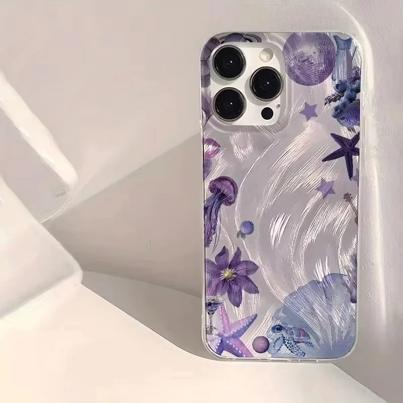 Marine Animals Illustration Phone Case for iPhone 11 13 14 15 16 17 Pro Max 7 8 14 15 Plus X XS XR 16e Air Feather Texture Cover