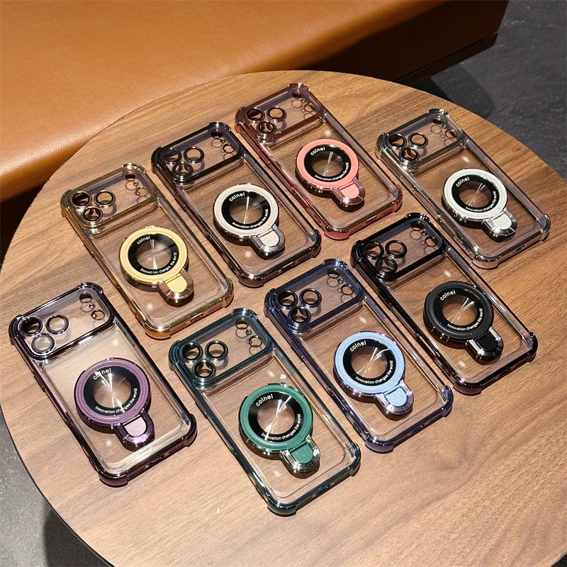 Luxury Plating Transparent Phone Case For iPhone 17 Pro Max 14 15 Plus Air 11 12 13 16 Pro For Magsafe Magnetic Ring Stand Cover