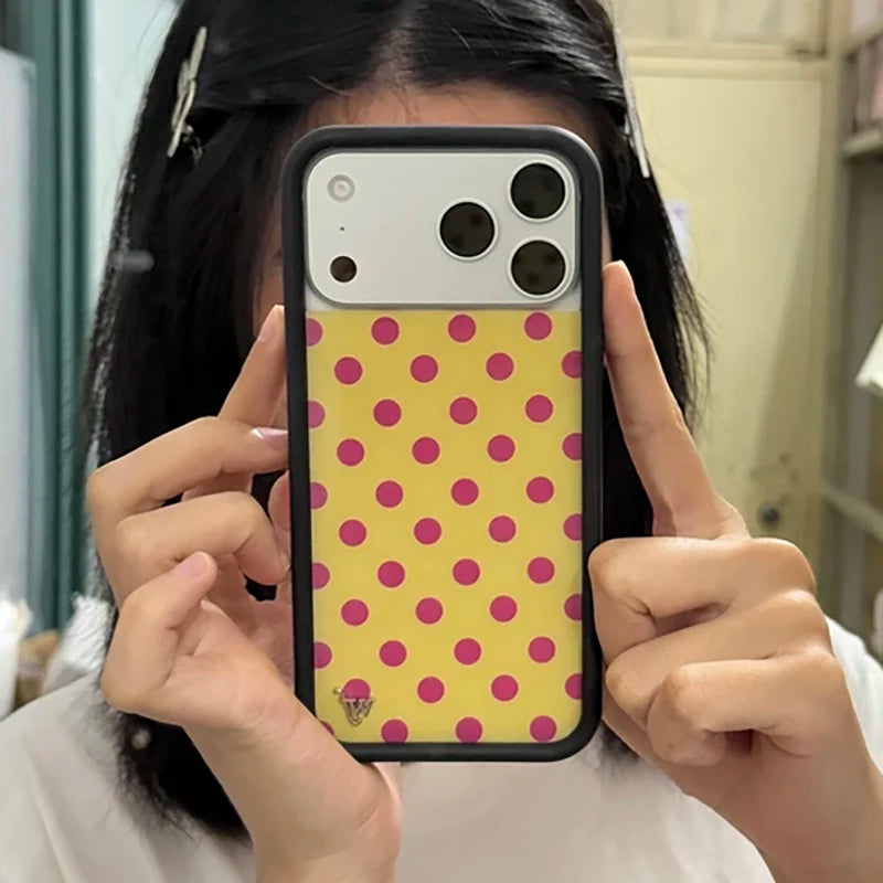 Cute 3D Pink yellow black white Polka Dot Wildflower Phone Case for iPhone 17 14 15 13 12 16Pro Max Plus wf Wave point Cover﻿﻿﻿﻿