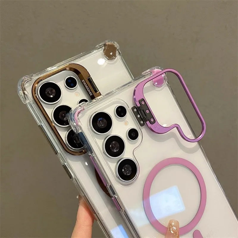 Alloy Camera Stand Case for Samsung Galaxy S26 S25 S24 S23 S22 Ultra Plus FE A56 A16 A26 A17 Cover Clear Magnetic Mag-safe Shell