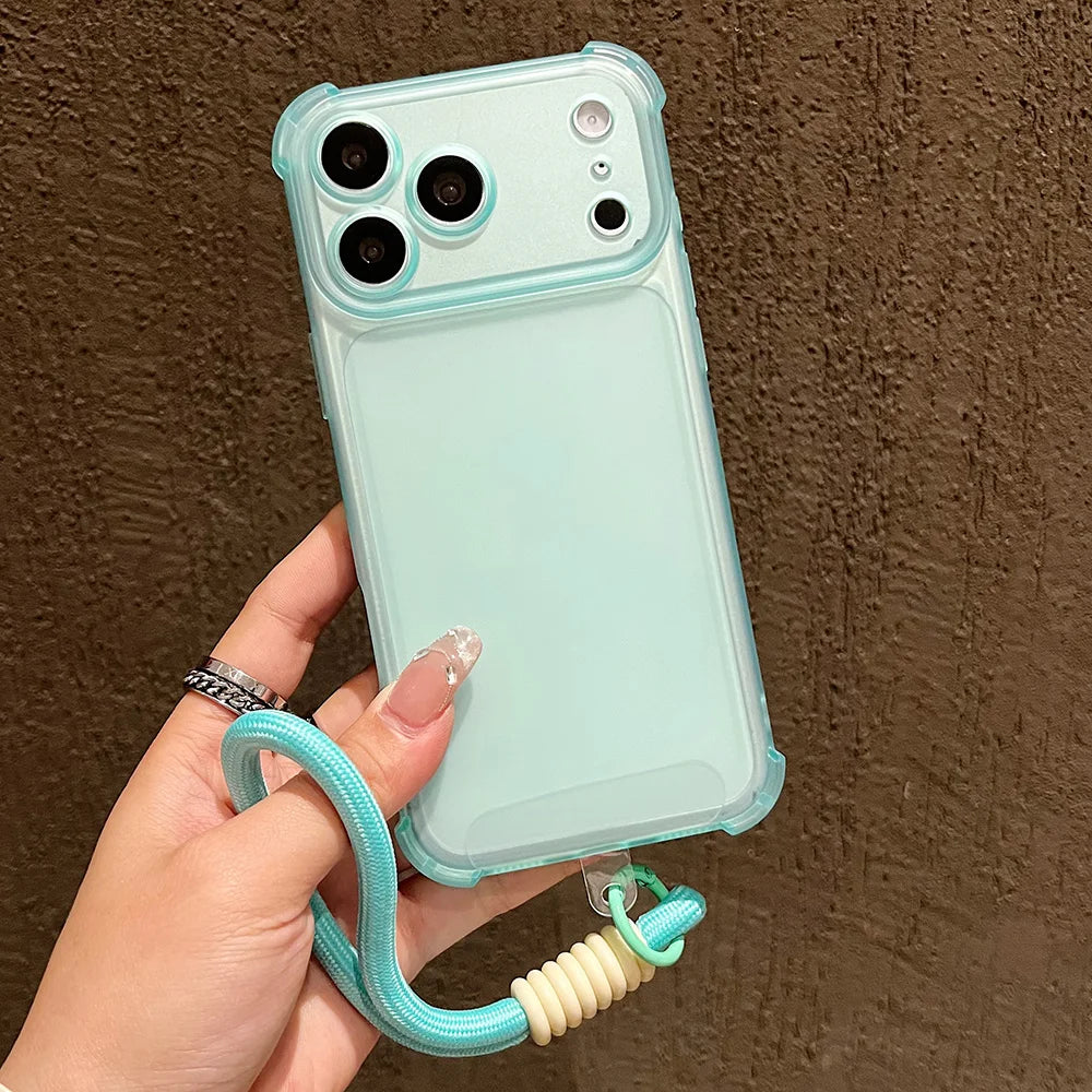 Luxury Matte Transparent Shockproof Protective Phone Case For iPhone 17 16 15 14 13 12 11 Pro Max Hand Wrist Strap Lanyard Cover