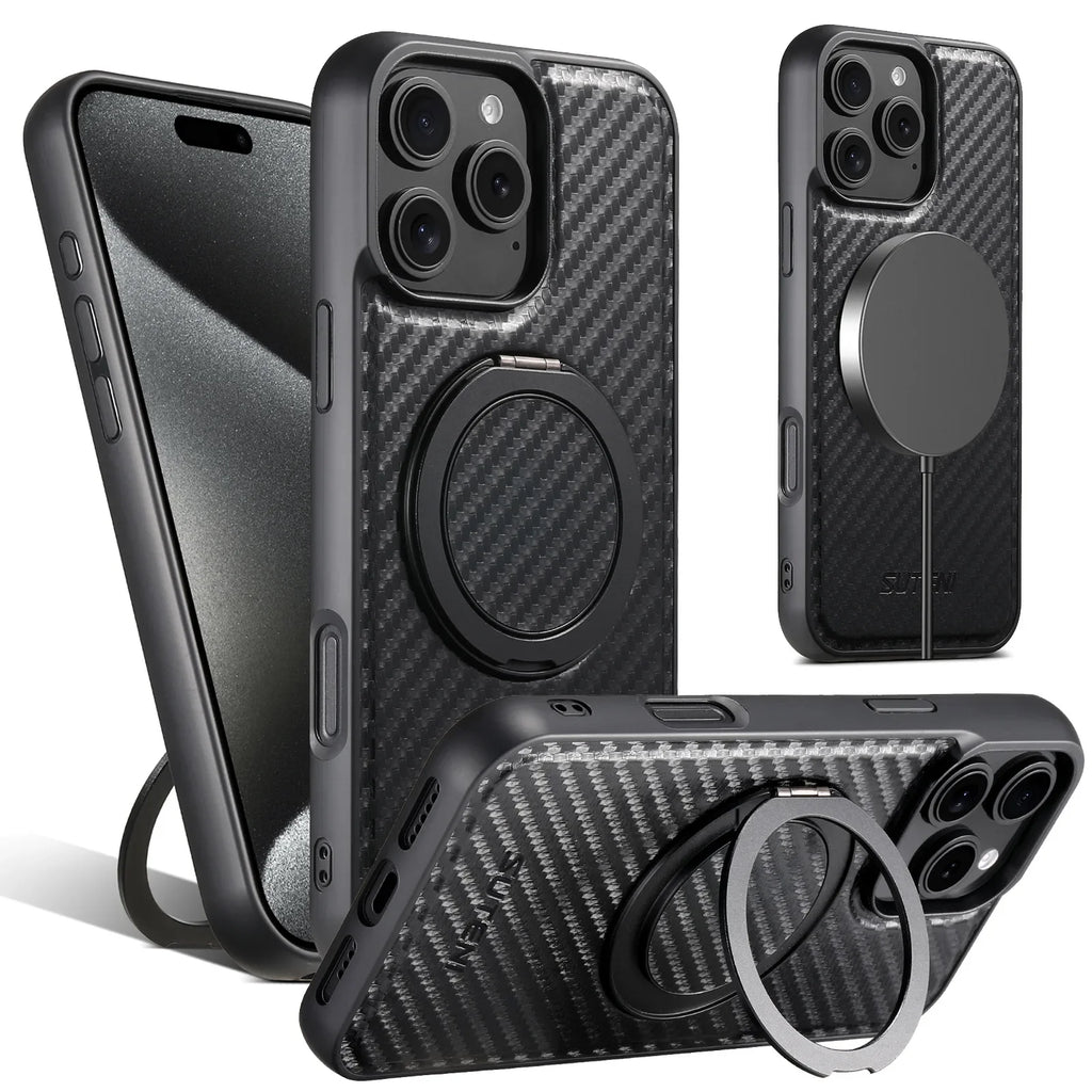 Magnetic Charging Bracket Ring Phone Case for iPhone 16 Pro Max 17 Air 15 Plus 14 13 12 Carbon Firber Texture Leather Back Cover