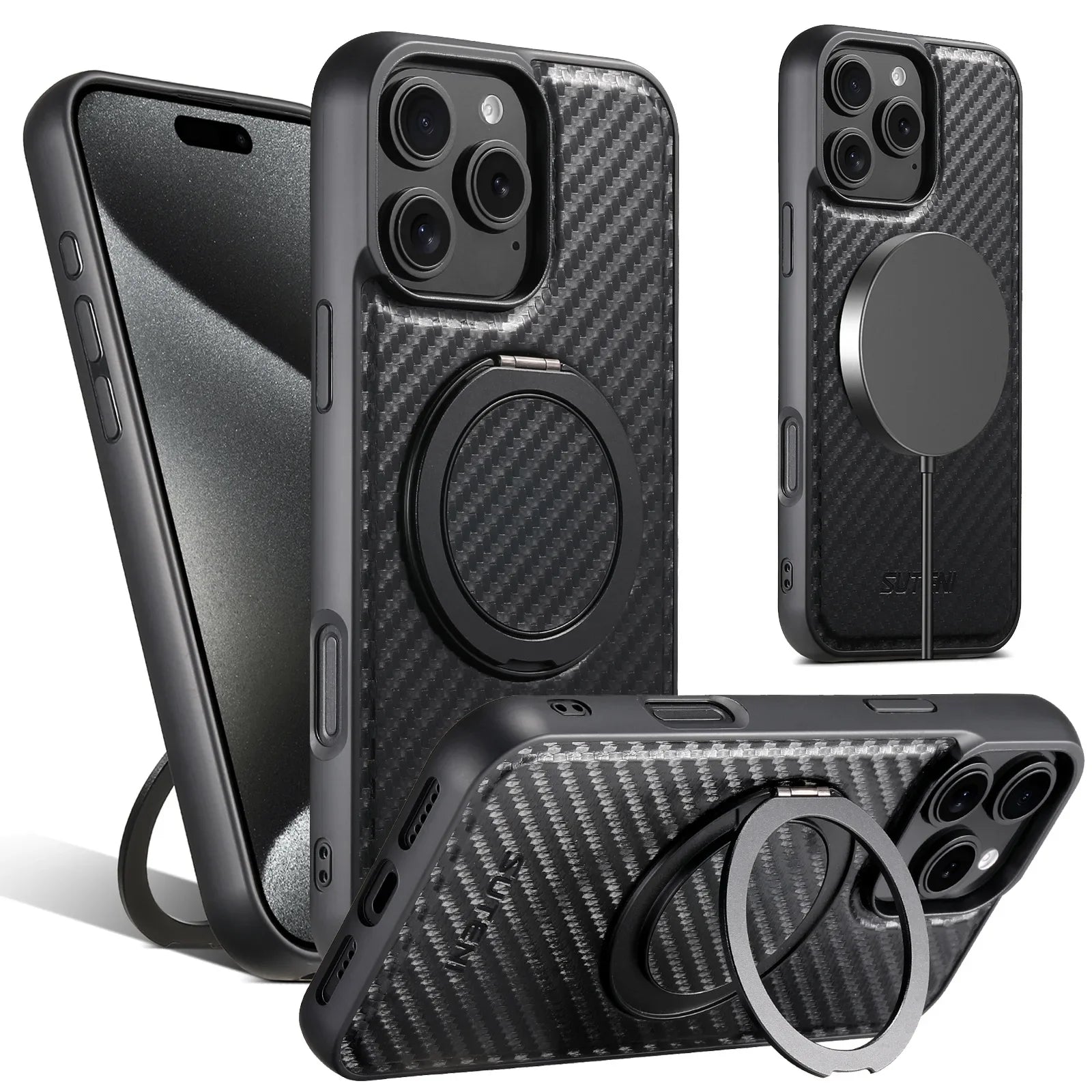 Magnetic Charging Bracket Ring Phone Case for iPhone 16 Pro Max 17 Air 15 Plus 14 13 12 Carbon Firber Texture Leather Back Cover