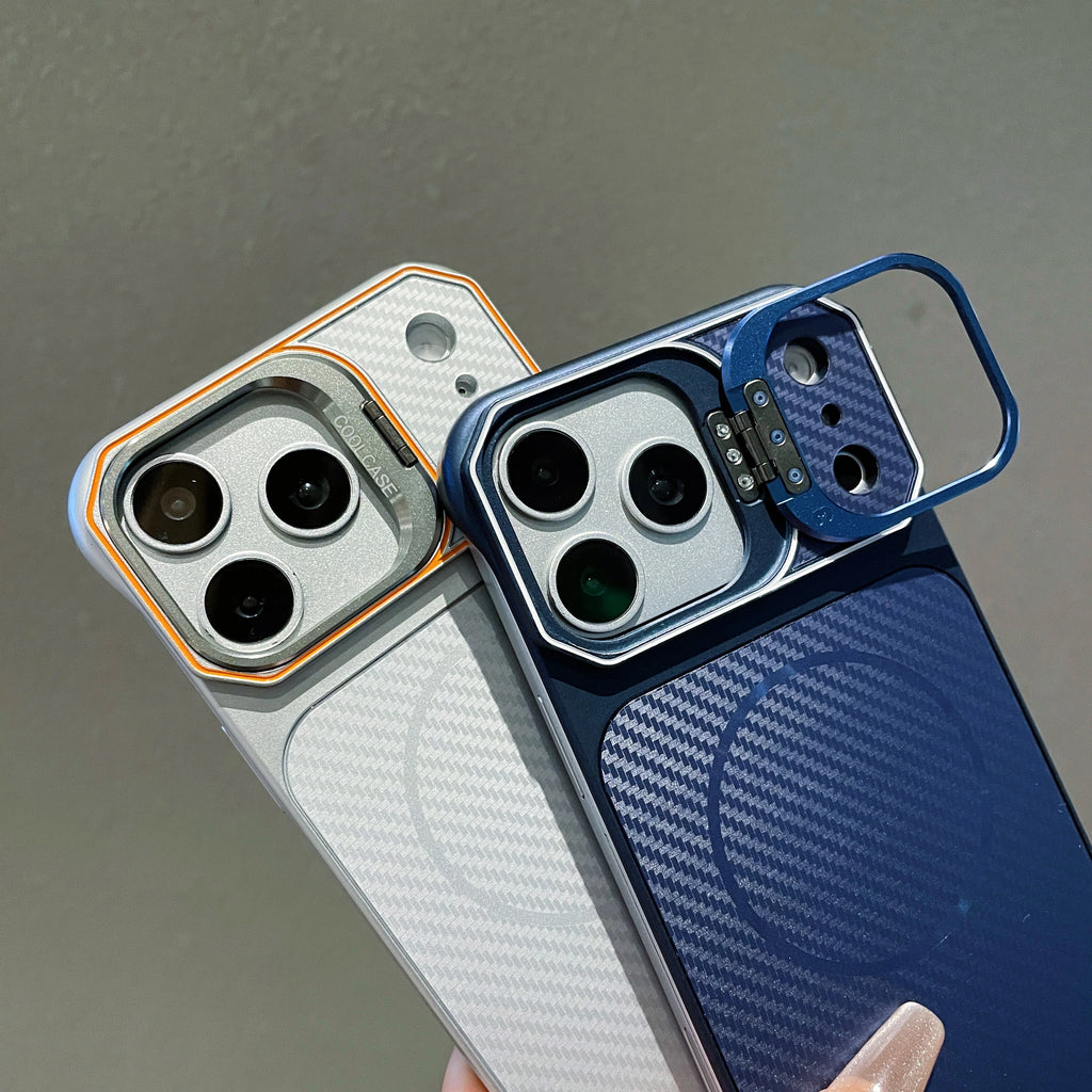 No Borders Lens Holder Phone Case For Magsafe For iPhone 13 14 15 16 17 Pro Max Carbon Fiber Texture PC Magnetic Phone Cover