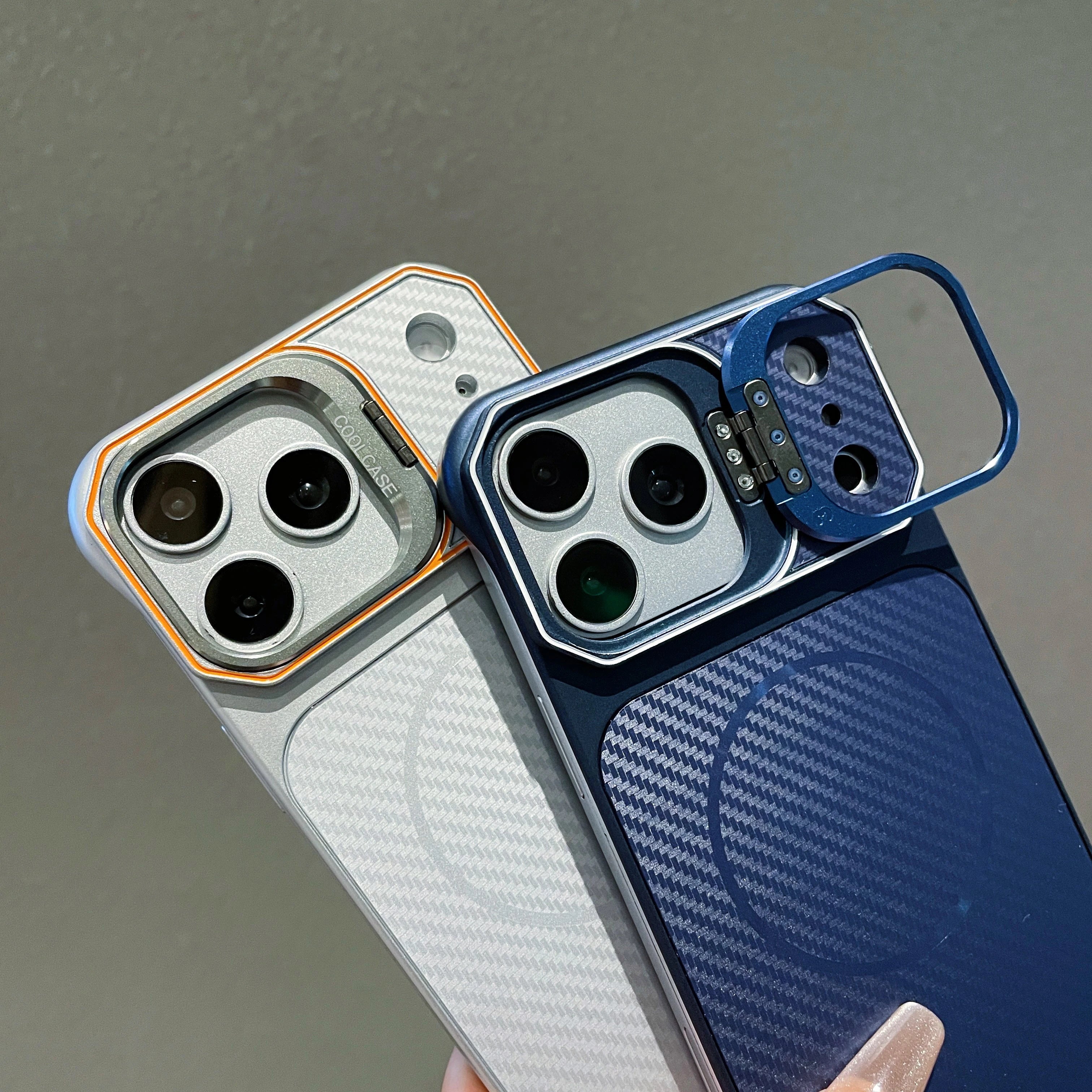 No Borders Lens Holder Phone Case For Magsafe For iPhone 13 14 15 16 17 Pro Max Carbon Fiber Texture PC Magnetic Phone Cover