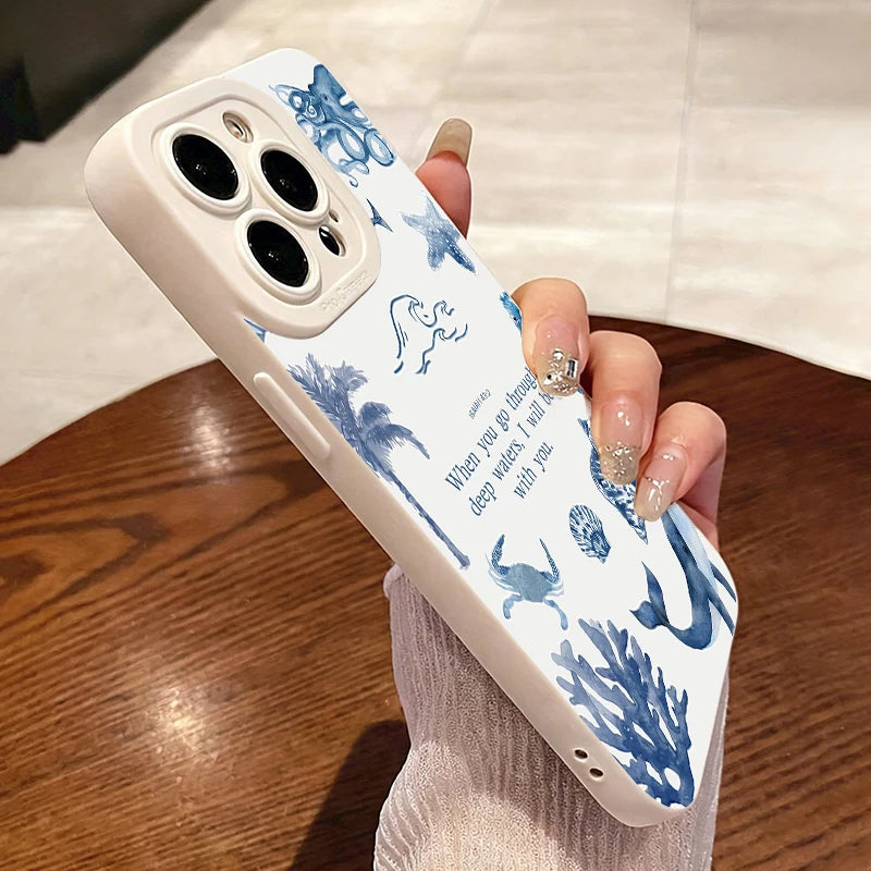 For iPhone 17 16 15 14 13 12 11 Pro Max XS XR 8 7 Plus 16e 17e Air Sea Turtles Sharks Whales Ocean Life Design Phone Case Cover