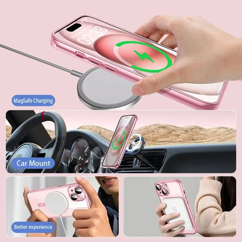 Clear Plating Ultrathin Silicone Case For iPhone 17 Air 16 15 14 13 12 11 Pro Max Magsafe Magnetic Lens Film Protect Cover Pink