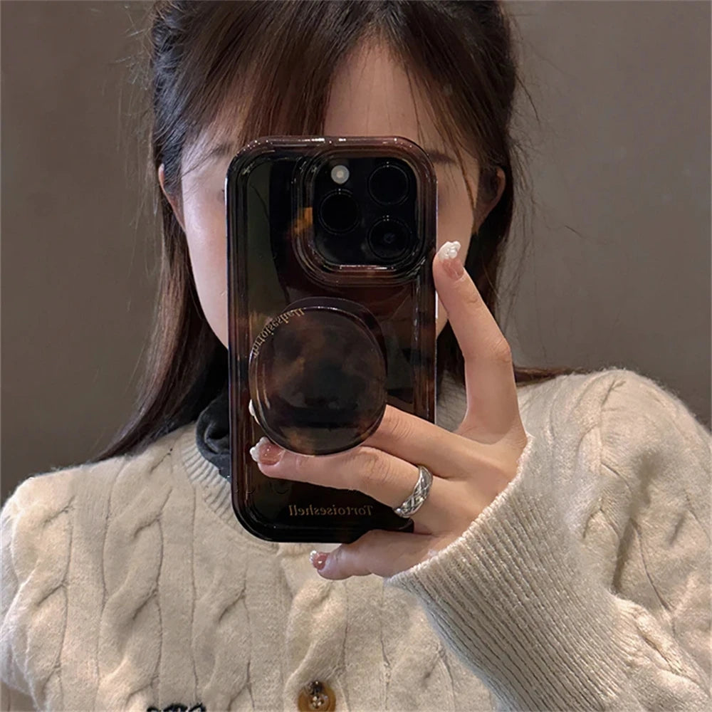 Luxury Amber Tortoiseshell Holder Case For iphone 17 16 Pro 15 14 11 12 13 Pro Max INS Korea Girl Soft Cover Stylish Shell