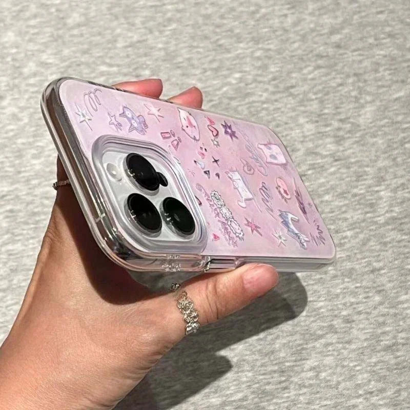Frosted graffiti cat phone case comes with lace pendant for iPhone 11 12 13 14 15 16 Pro Max