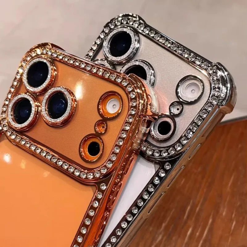 Airbag Bling Diamond Bumper Case For iPhone 17 16 15 14 13 Pro Max Glass Lens Film Transparent Plating Soft 17 16 ProMax Cover