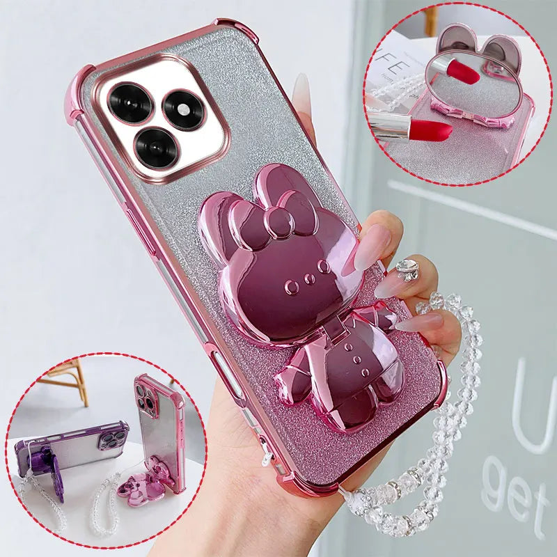 Luxury Shockproof Phone Case with Cute Rabbit Makeup Swivel Stand Crystal Lanyard For Honor X5c Plus X5b X6c X6a X6b Back Cover