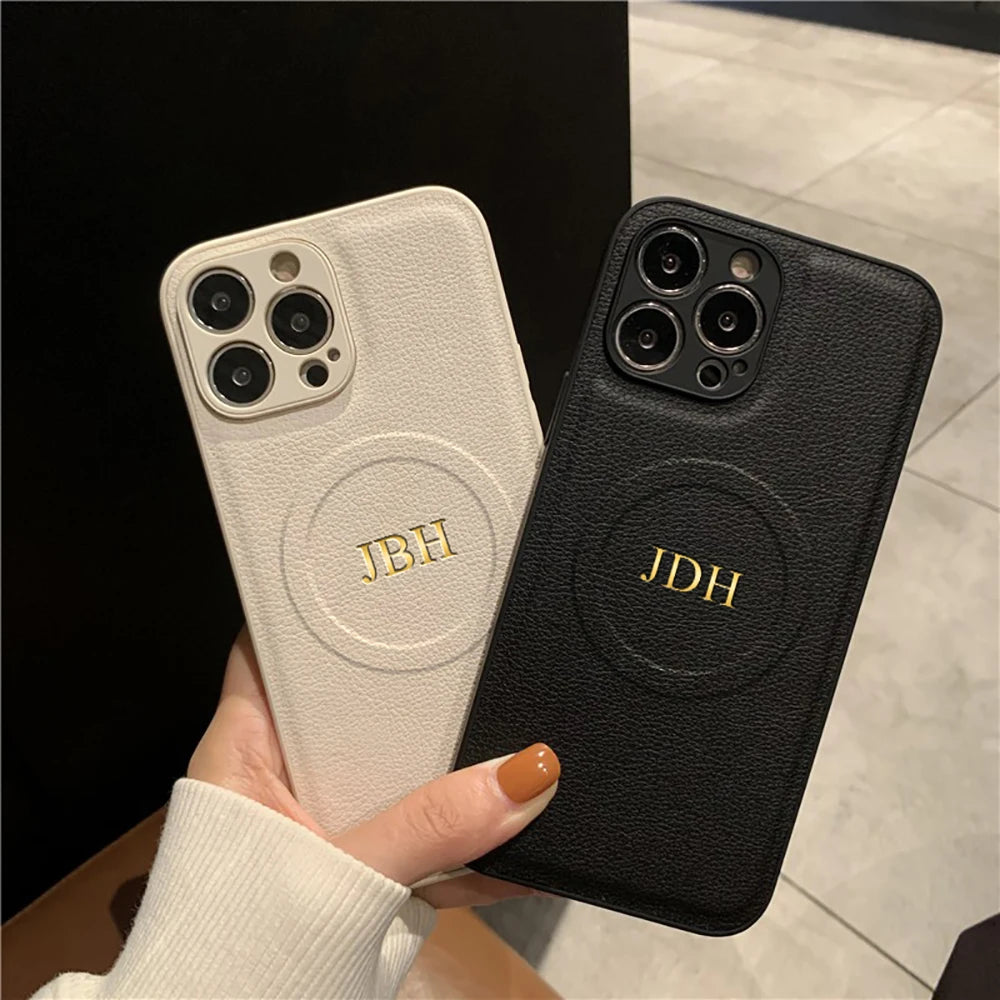Personalized Case For iPhone 11 12 13 14 15 16 17 Pro Max Customized Initials Name Wireless Charging For Magsafe Leather Cover