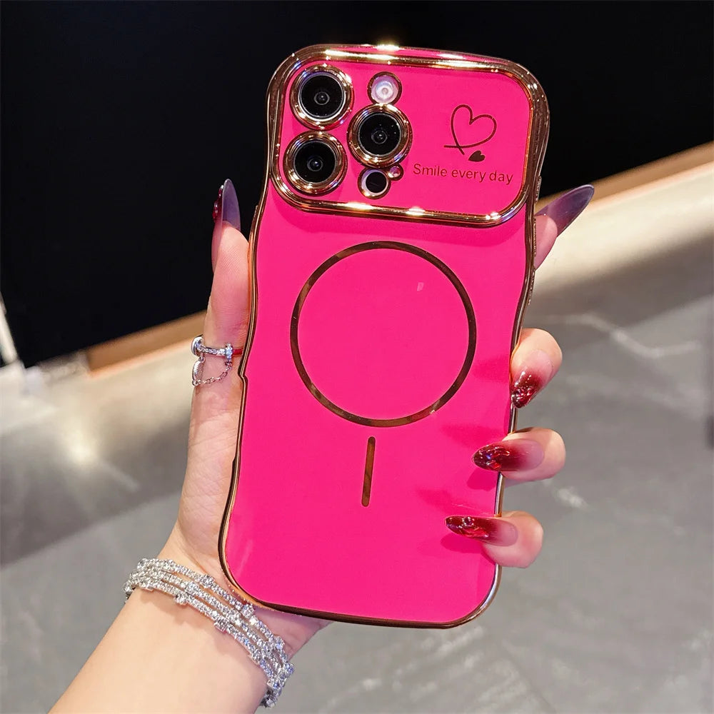 Wave Love Heart Electroplating For Magsafe Case For iPhone 11 12 13 14 15 16 17 Pro Max Air Plus Magnetic Wirelesss Charge Cover