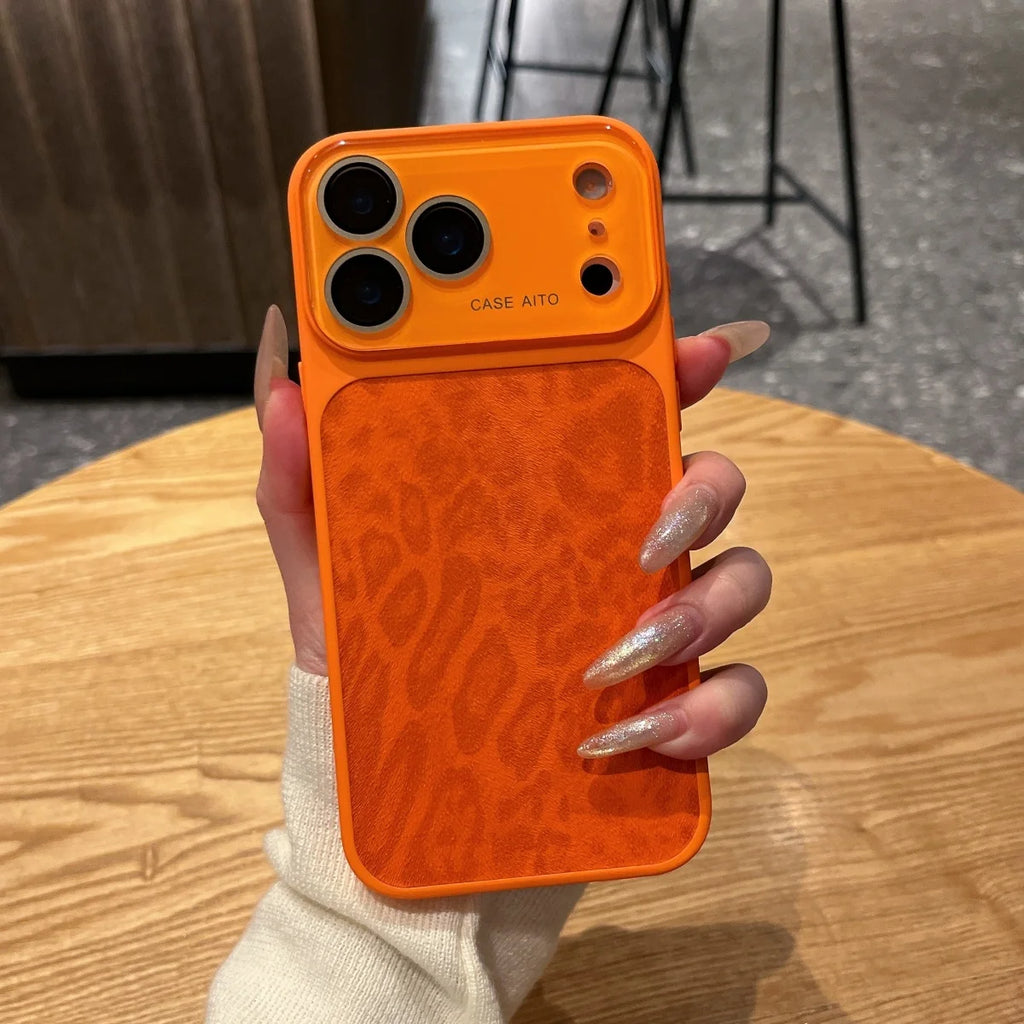 Leopard Print PU Leather Texture Phone Case For iPhone 17 16 15 14 13 Pro Max Candy Color Large Window Shockproof Bumper Cover