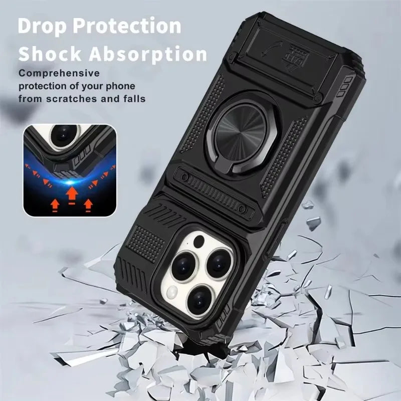 Military Quality Case for iPhone 11 13 14 15 16 Pro Max Magnetic Rotated Ring Kickstand Heavy Duty Drop Protection Wallet Cover
