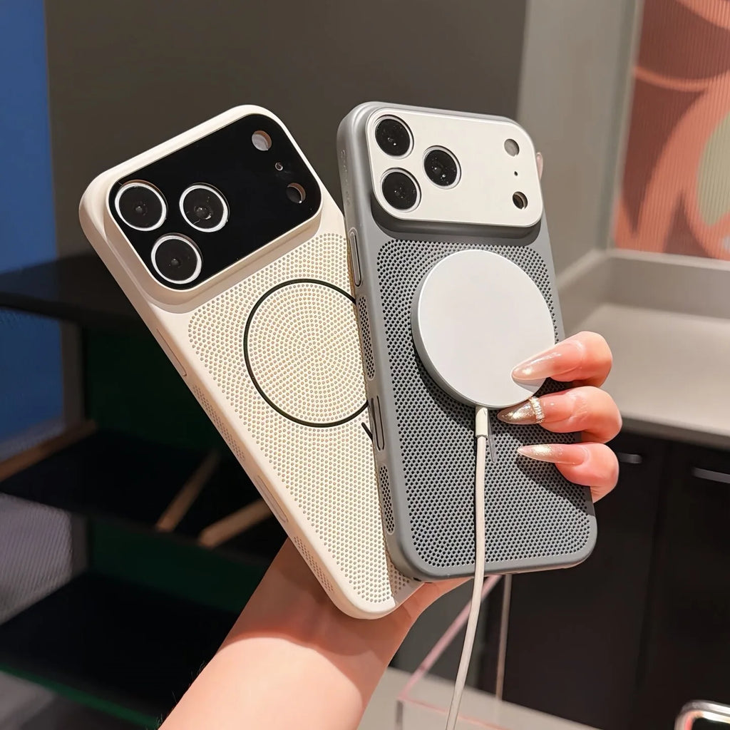 Luxury Mesh Heat Dissipation Magnetic Case for iPhone 17 Air 16 15 14 13 Pro Max for Magsafe Lens Protection Two Tone Slim Cover