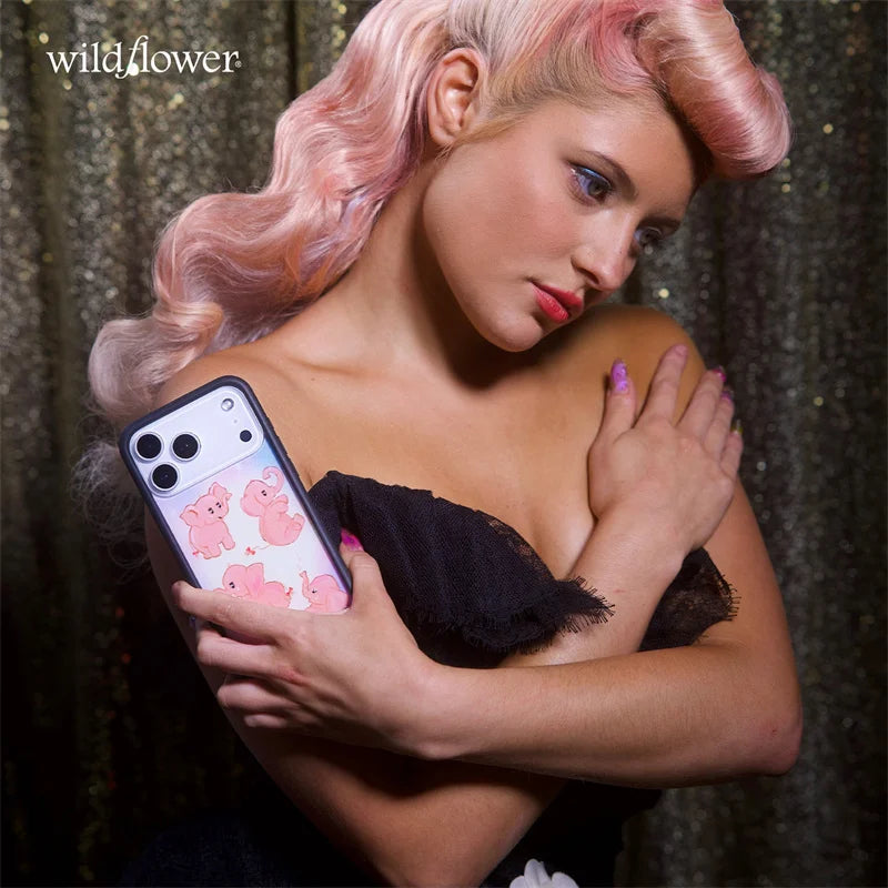 Wildflower INS Pink Elephants Phone Case for iPhone 16 13 12 11 14 15 17Pro Max Plus Cute long nose baby elephant wf Cover﻿﻿﻿﻿﻿﻿