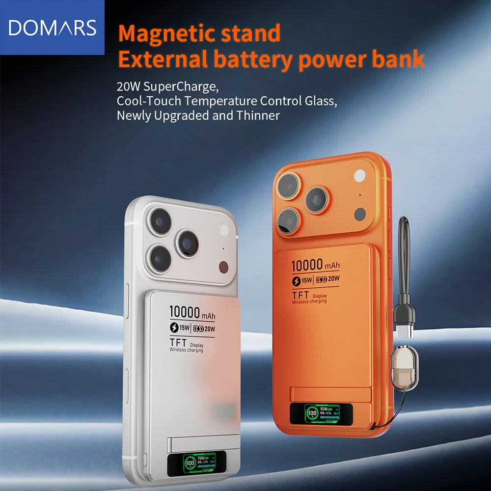 Domars 10000mAh Ultra-thin Power Bank Magnetic Wireless 20W Fast Charging with Phone Stand and Display for iPhone 17/16/15/14