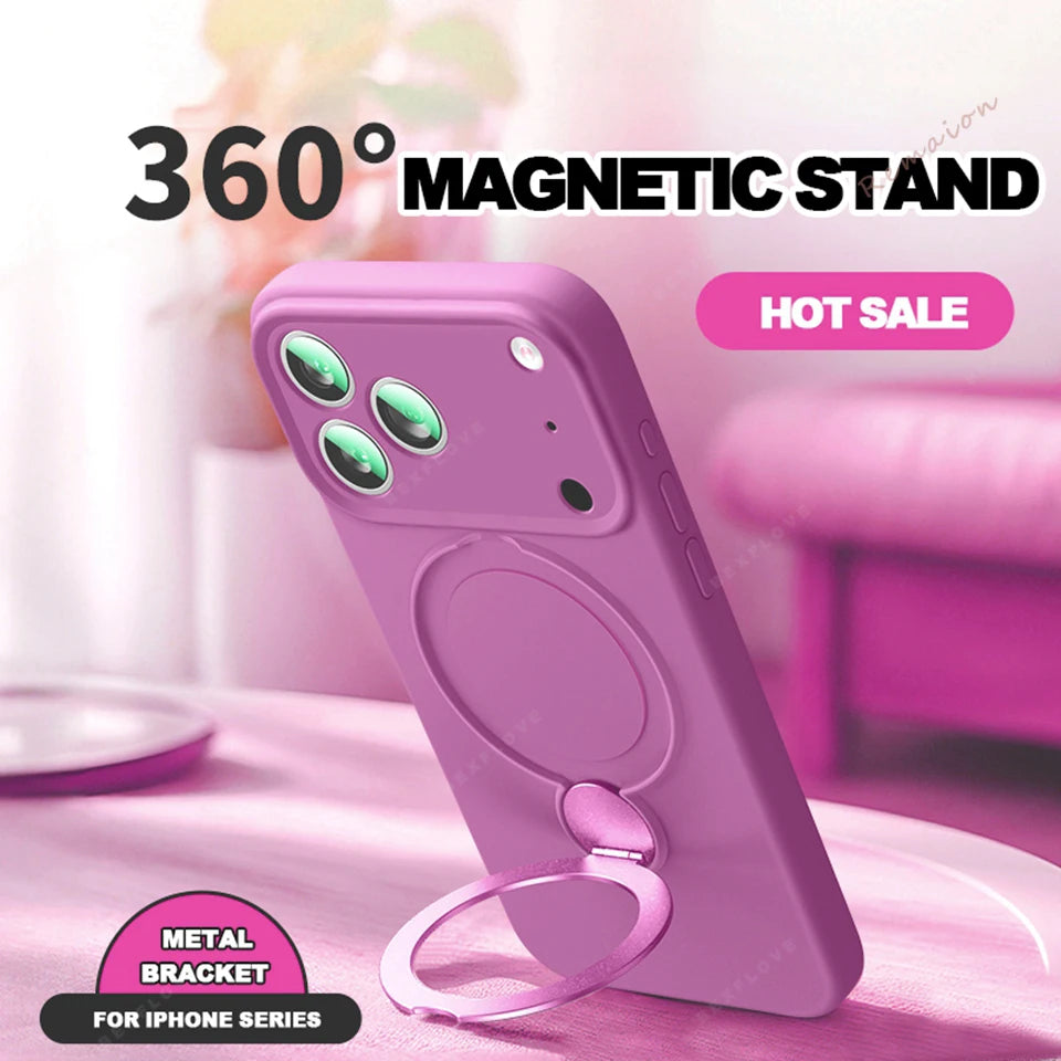 Liquid Silicone Magnetic Bracket Phone Case For iPhone 17 13 14 15 16 Pro Max Air Plus Magsafe Stand Holder Protector Cover