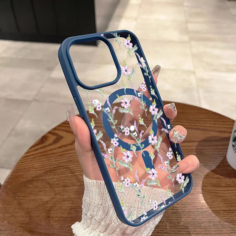 Magnetic Phone Case For iPhone 11 12 13 14 15 16 17 Pro Max Plus Air Flowers Pattern Design Transparent Shockproof Bumper Cover
