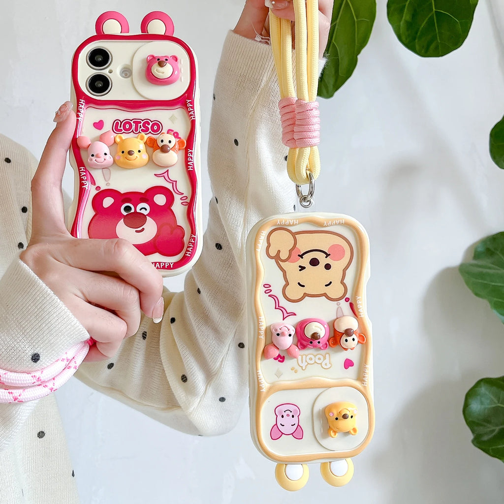 For iPhone 17 17Pro 16 15 14 13 12 Pro Max Plus cute cartoon Winnie the Pooh strawberry bear with wristband protective cover