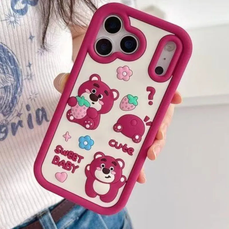 Cute 3D cartoon strawberry bear silicone phone case for iPhone 17 16 15 14 13 12 11 Pro Max xsmax XS 7 8 Plus protective case