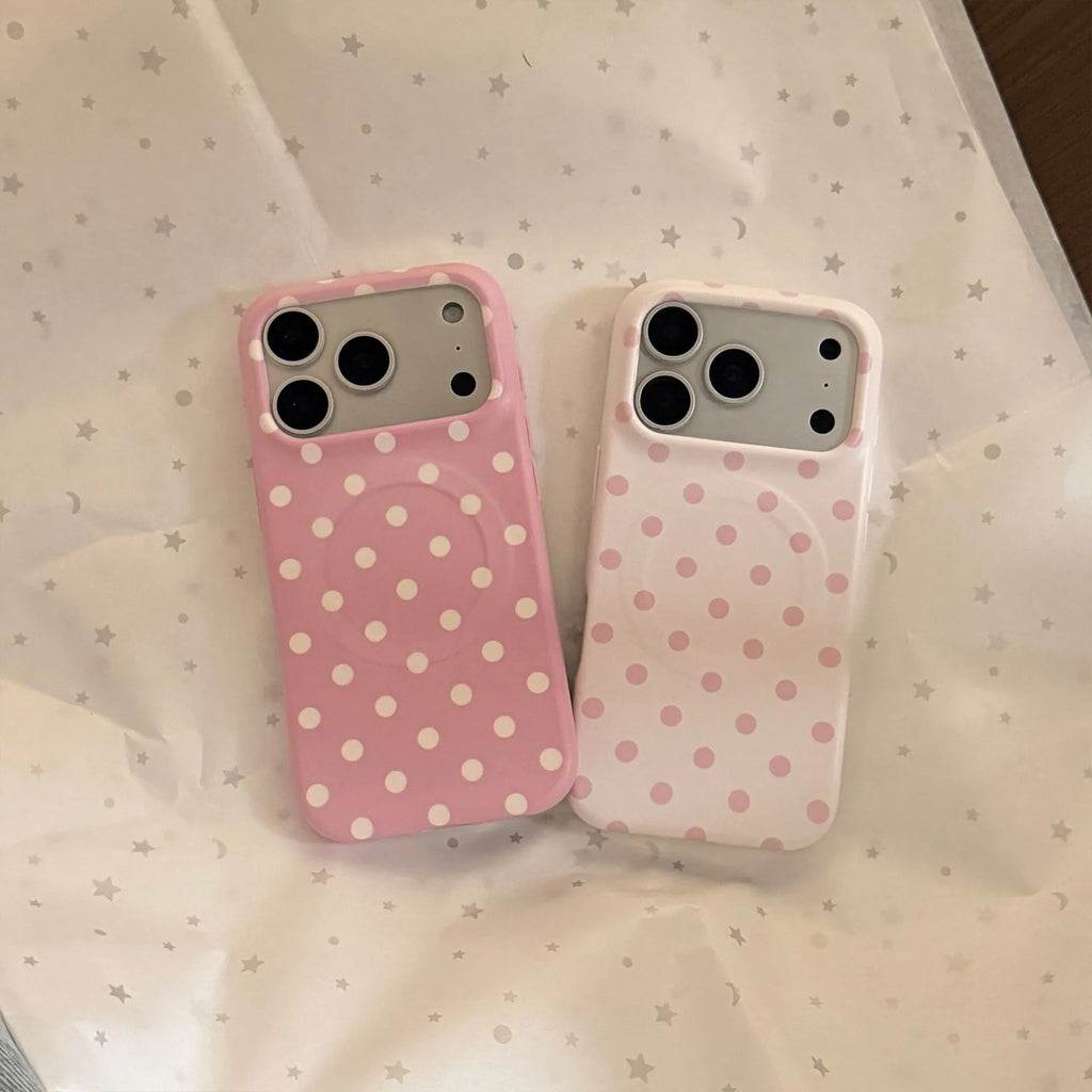 Korean Full Screen Polka Dots Pattern Magnetic Phone Case For iPhone 17 16 15 14 Pro Max Wireless Charging Shockproof Soft Cover