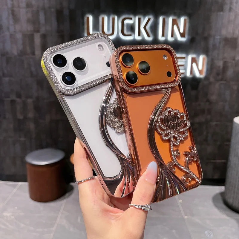 For iPhone 17 Air Pro Max Fashion Bling Diamond Flowers Plating Frame Case For iPhone 16 15 14 Plus 13 12 11 Protective Cover