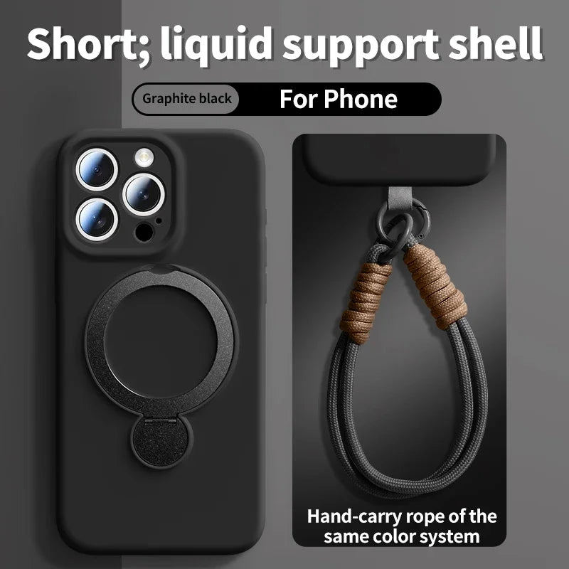 Magnetic Bracket Liquid Silicone Phone Case For iPhone 16 17 Air 15 14 13 Pro Max Magsafe With Hanging Rope Protective Cover