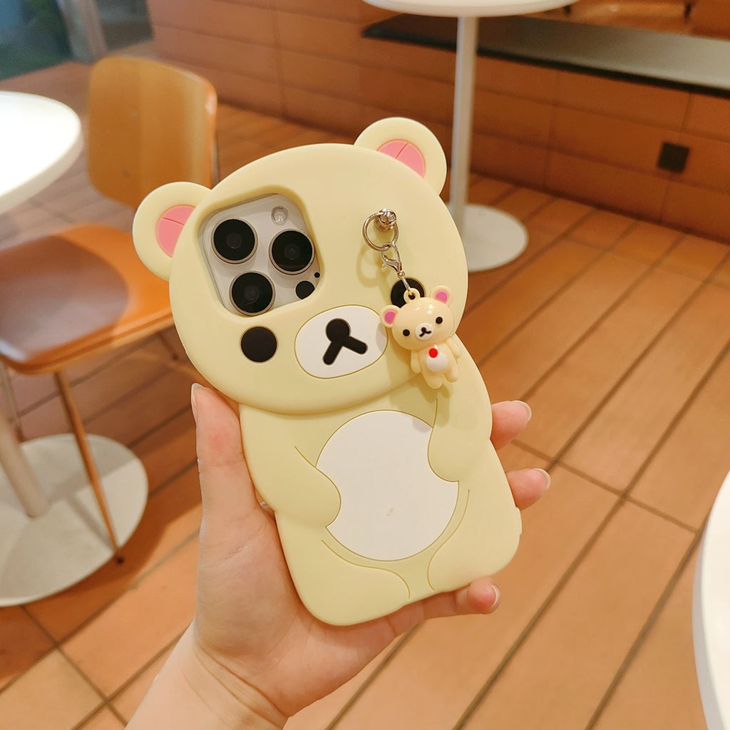 For iPhone 17 16 15 14 13 12 11 Pro Max SE 6 7 8 Plus Kawaii Rilakkuma Keyrings Silicone Soft Cover Doll Keychains Phone Case