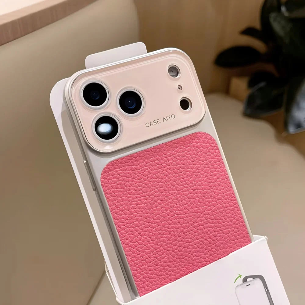 Luxury Litchi Leather Glass Lens Large Window Case For iPhone 17 16 15 14 13 Pro Max Plating Shockproof Bumper Candy Phone Cover