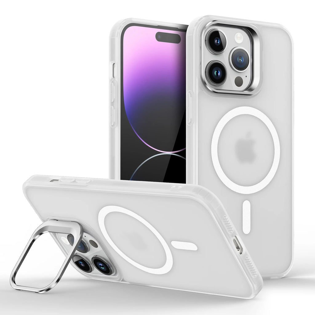 Magnetic Luxury Matte Translucent Armor Lens Stand Case For iPhone 16 15 14 13 12 11 Pro Max For Magsafe Wireless Charge Cover